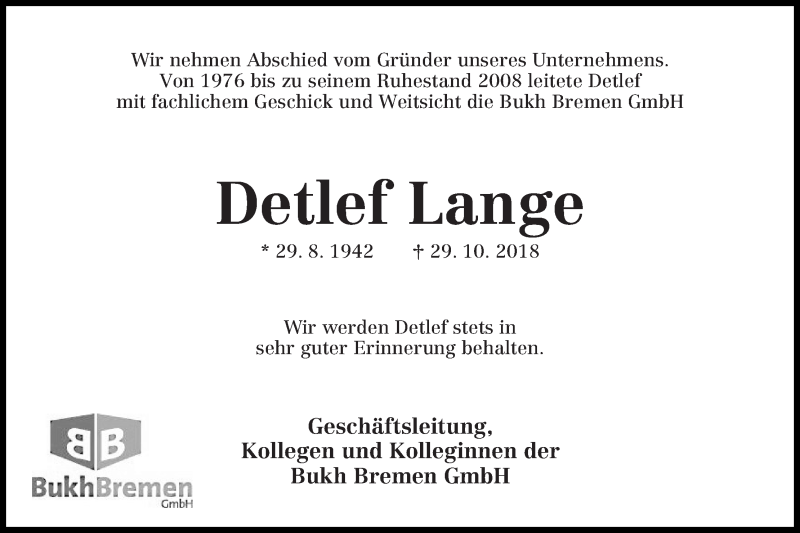  Traueranzeige für Detlef Lange vom 03.11.2018 aus WESER-KURIER