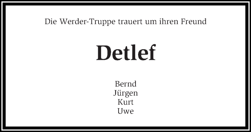  Traueranzeige für Detlef Lange vom 03.11.2018 aus WESER-KURIER