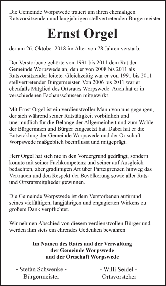  Traueranzeige für Ernst Orgel vom 03.11.2018 aus Osterholzer Kreisblatt