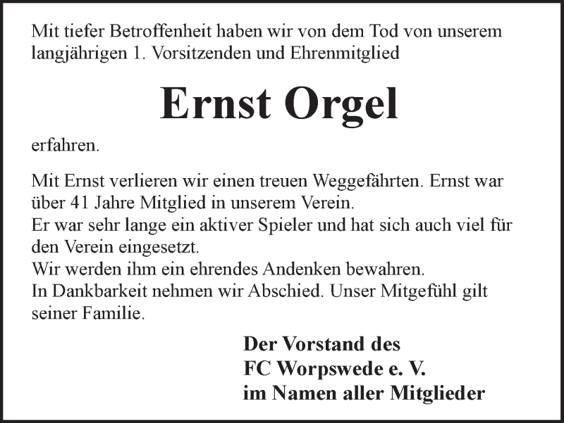  Traueranzeige für Ernst Orgel vom 03.11.2018 aus Wuemme Zeitung