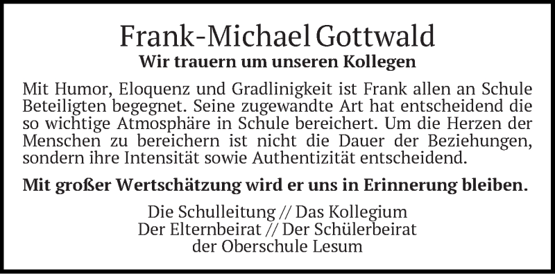  Traueranzeige für Frank-Michael Gottwald vom 21.11.2018 aus WESER-KURIER