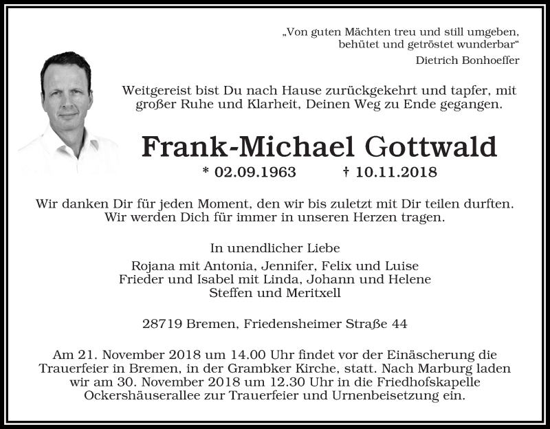  Traueranzeige für Frank-Michael Gottwald vom 17.11.2018 aus WESER-KURIER
