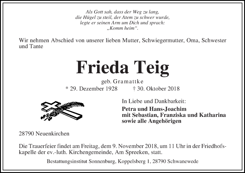 Traueranzeige von Frieda Teig von Die Norddeutsche