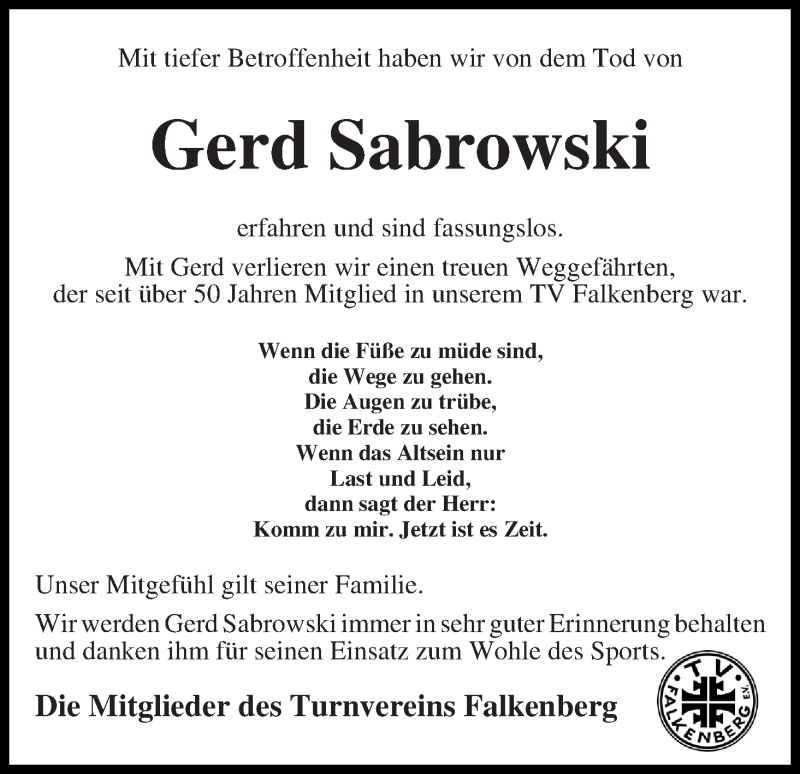  Traueranzeige für Gerd Sabrowski vom 15.11.2018 aus Wuemme Zeitung