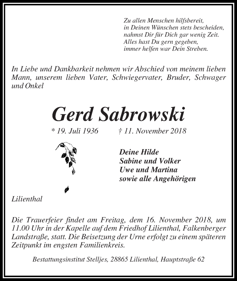  Traueranzeige für Gerd Sabrowski vom 14.11.2018 aus Wuemme Zeitung