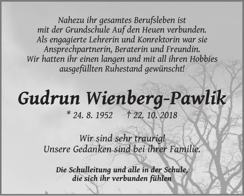  Traueranzeige für Gudrun Wienberg-Pawlik vom 10.11.2018 aus WESER-KURIER