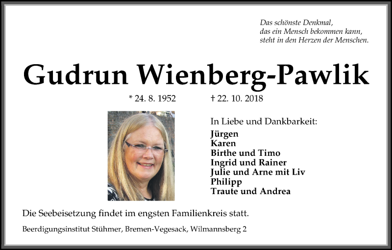  Traueranzeige für Gudrun Wienberg-Pawlik vom 03.11.2018 aus Die Norddeutsche