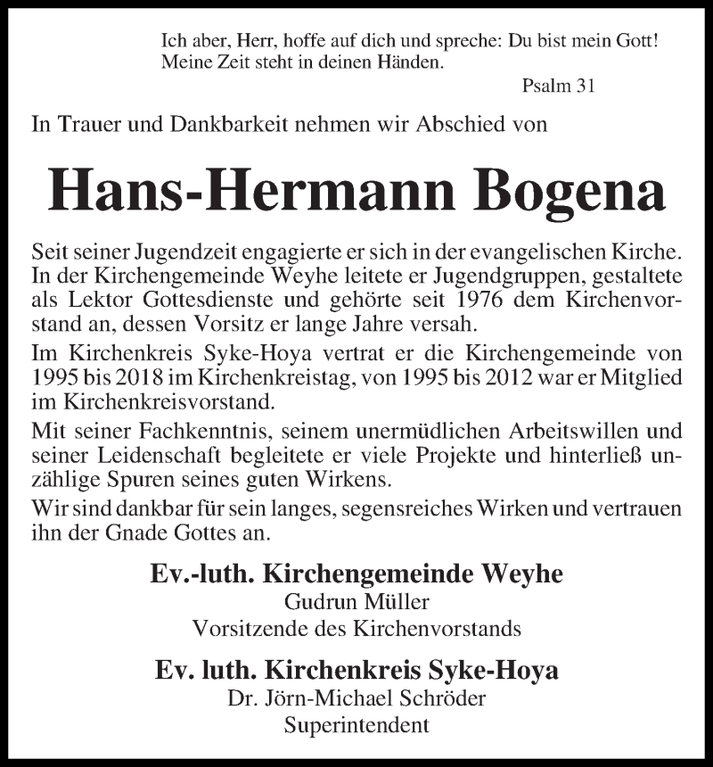 Traueranzeige von Hans-Hermann Bogena von Regionale Rundschau/Syker Kurier