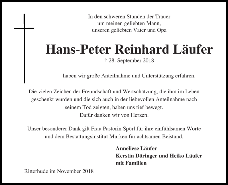  Traueranzeige für Hans-Peter Reinhard Läufer vom 10.11.2018 aus Osterholzer Kreisblatt