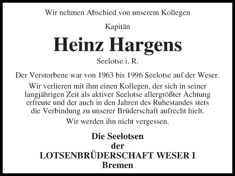 Traueranzeige von Heinz Hargens von WESER-KURIER