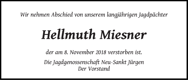  Traueranzeige für Hellmuth Miesner vom 15.11.2018 aus Wuemme Zeitung