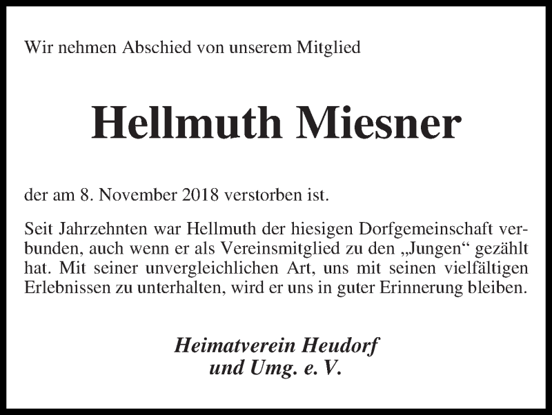  Traueranzeige für Hellmuth Miesner vom 13.11.2018 aus Wuemme Zeitung