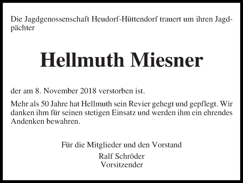  Traueranzeige für Hellmuth Miesner vom 13.11.2018 aus Wuemme Zeitung
