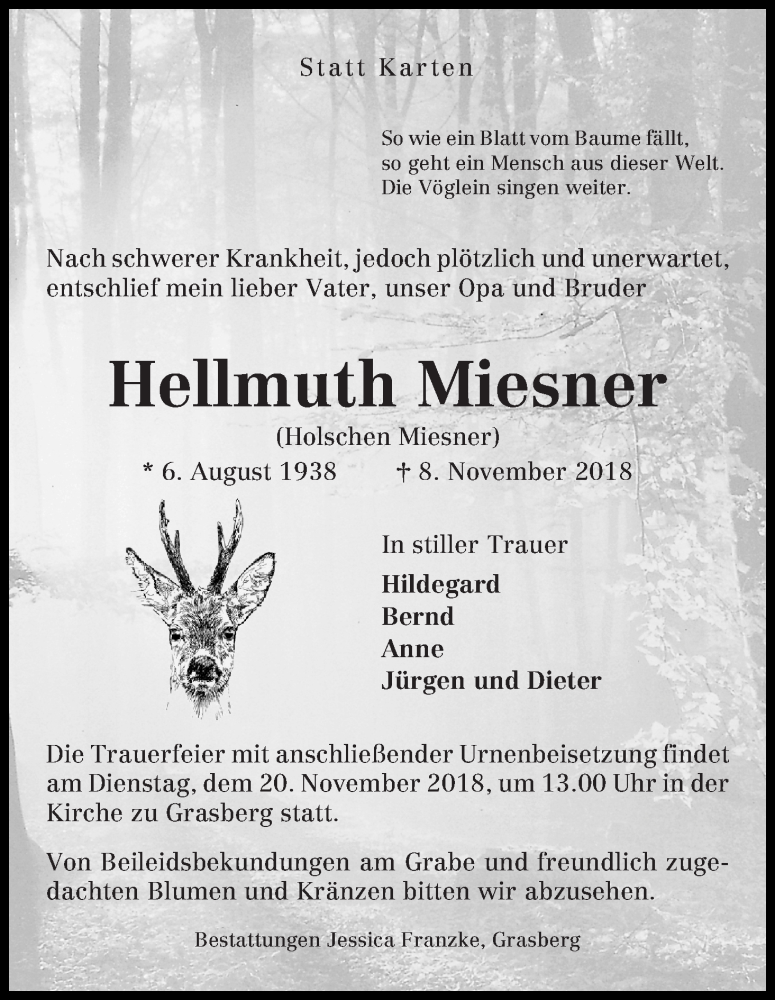  Traueranzeige für Hellmuth Miesner vom 10.11.2018 aus Wuemme Zeitung