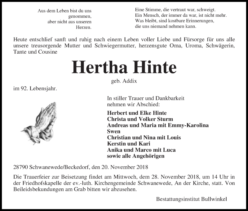 Traueranzeige von Hertha Hinte von Die Norddeutsche