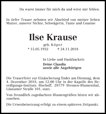 Traueranzeige von Ilse Krause