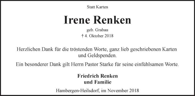  Traueranzeige für Irene Renken vom 17.11.2018 aus Osterholzer Kreisblatt