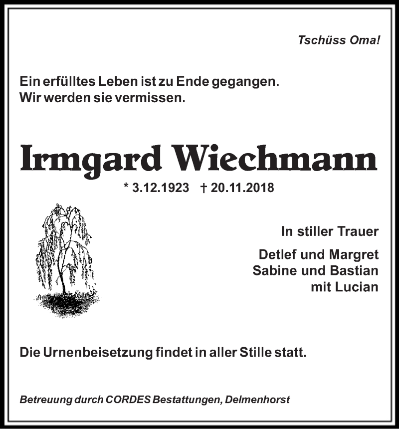 Traueranzeige von Irmgard Wiechmann von Die Norddeutsche