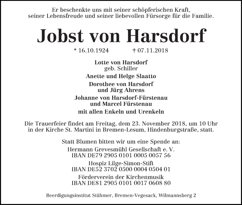  Traueranzeige für Jobst von Harsdorf vom 10.11.2018 aus WESER-KURIER