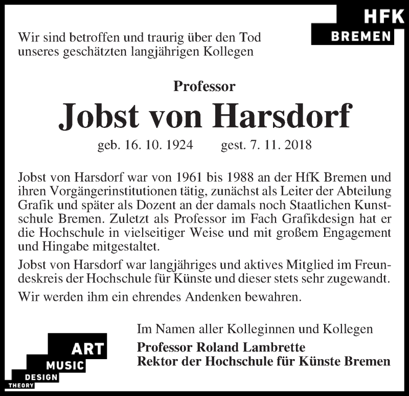  Traueranzeige für Jobst von Harsdorf vom 17.11.2018 aus WESER-KURIER