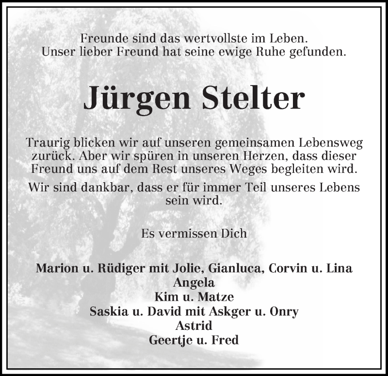  Traueranzeige für Jürgen Stelter vom 03.11.2018 aus Wuemme Zeitung