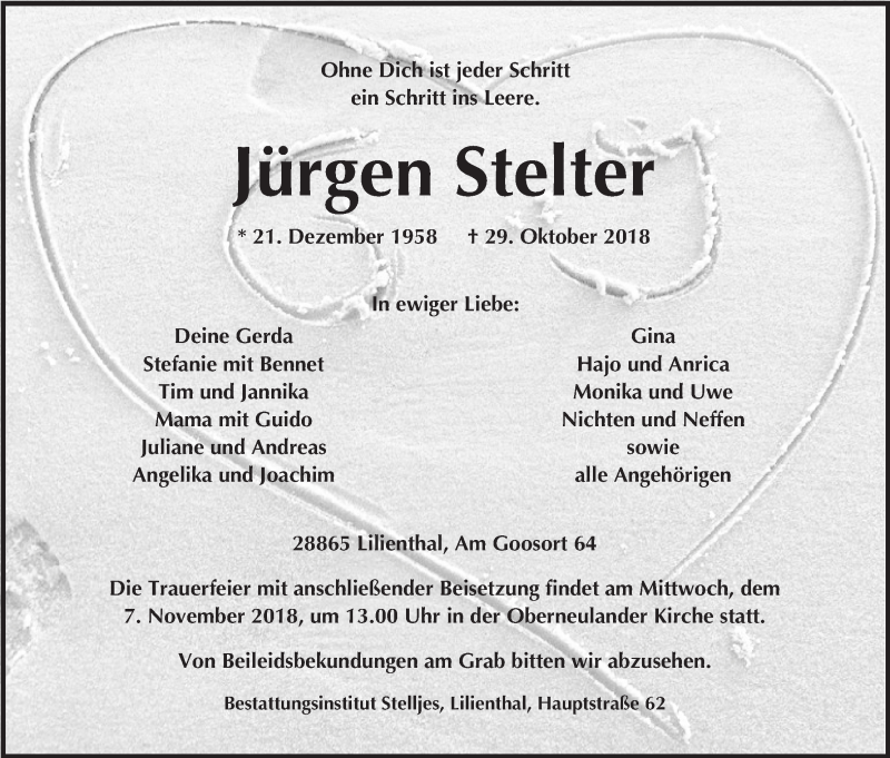 Traueranzeige für Jürgen Stelter vom 03.11.2018 aus WESER-KURIER