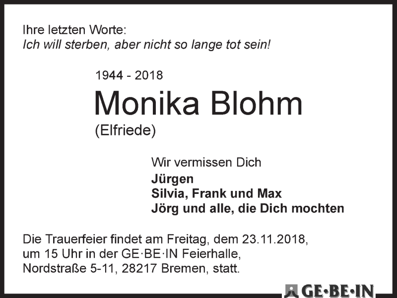 Traueranzeige von Monika (Elfriede) Blohm von WESER-KURIER