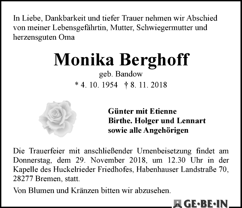  Traueranzeige für Monika Berghoff vom 24.11.2018 aus WESER-KURIER