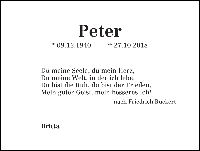  Traueranzeige für Peter Hoge vom 17.11.2018 aus WESER-KURIER