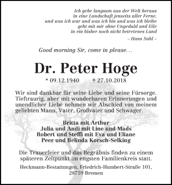 Traueranzeige von Peter Hoge