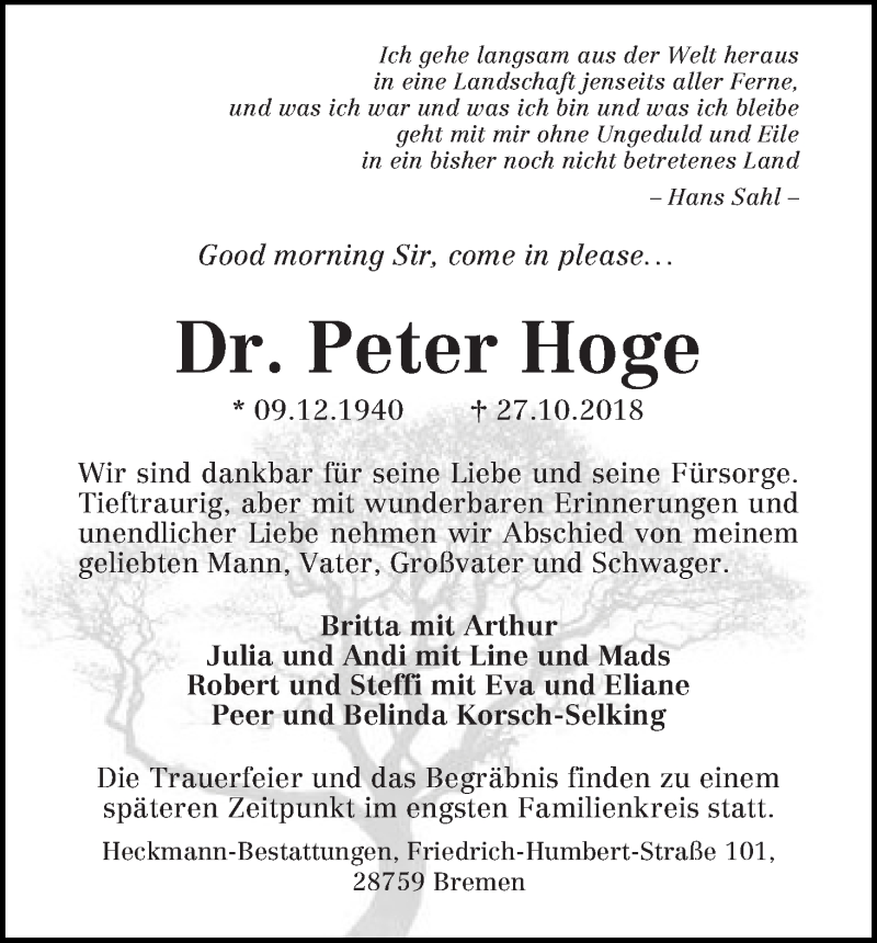  Traueranzeige für Peter Hoge vom 17.11.2018 aus WESER-KURIER