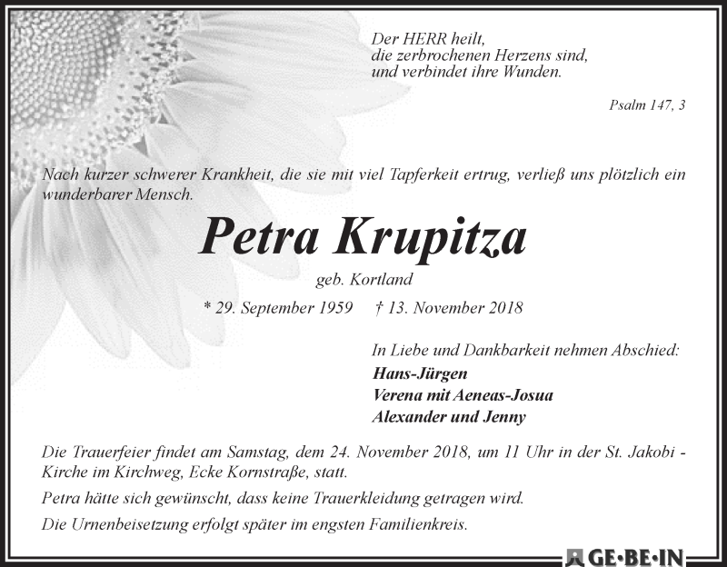  Traueranzeige für Petra Krupitza vom 17.11.2018 aus WESER-KURIER