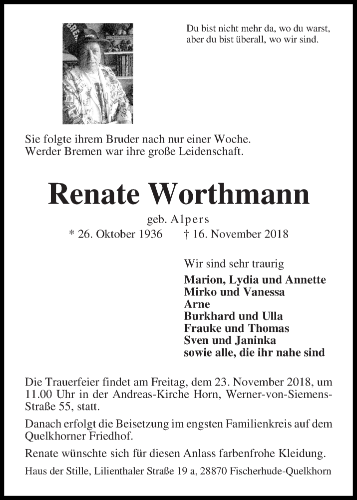  Traueranzeige für Renate Worthmann vom 21.11.2018 aus WESER-KURIER