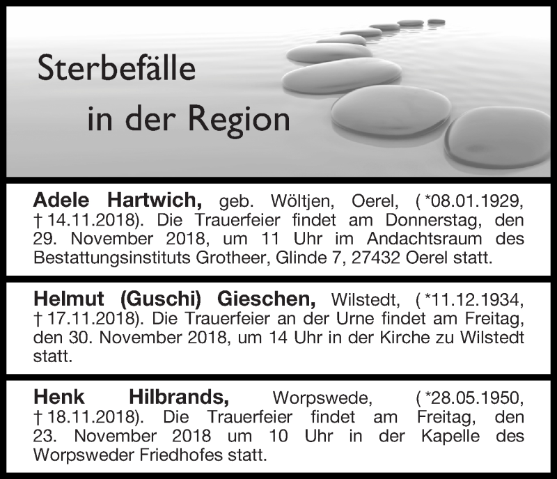 Traueranzeige von Sterbefälle in der Region Ausgabe 22.11.2018 von Osterholzer Kreisblatt