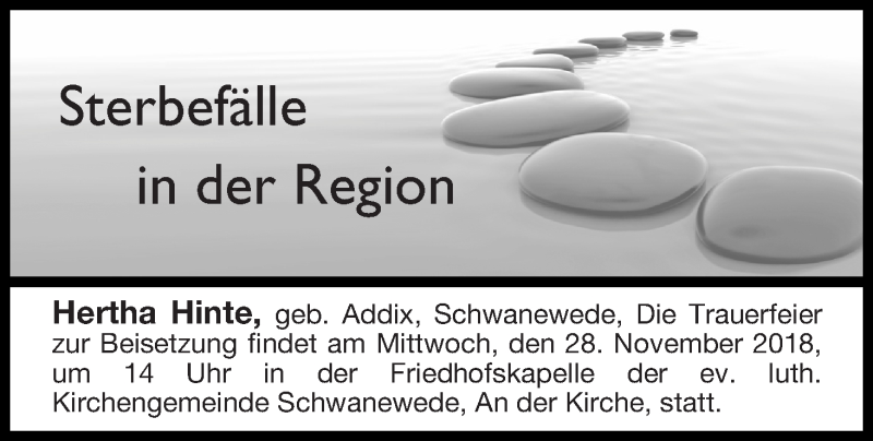 Traueranzeige von Sterbefälle in der Region Ausgabe 24.11.2018 von Osterholzer Kreisblatt