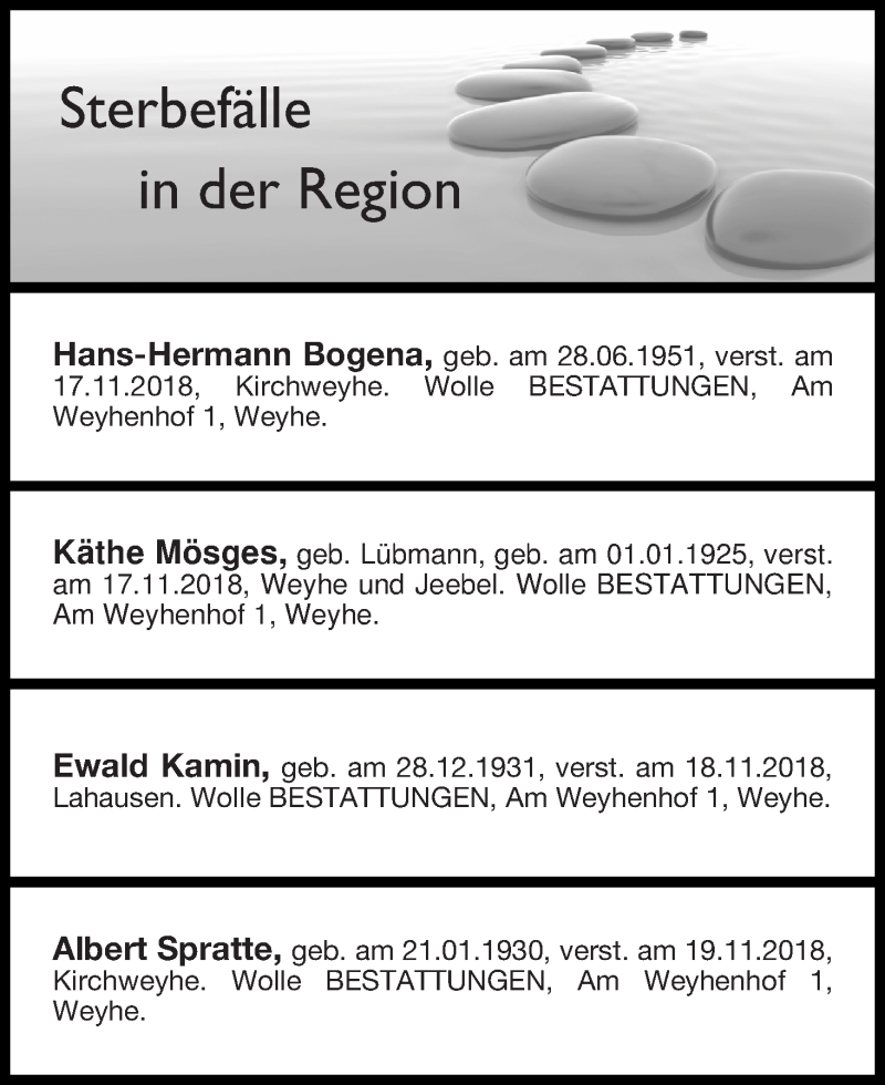 Traueranzeige von Sterbefälle in der Region Ausgabe 24.11.2018 von Regionale Rundschau/Syker Kurier