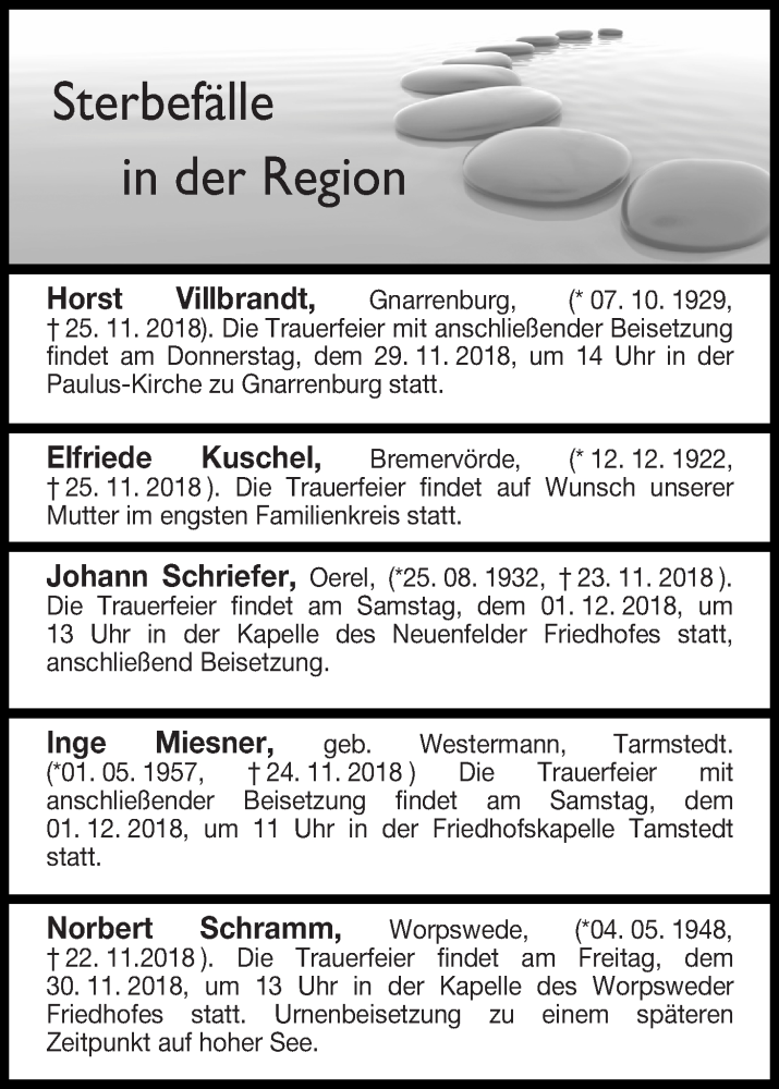 Traueranzeige von Sterbefälle in der Region Ausgabe 28.11.2018 von Osterholzer Kreisblatt