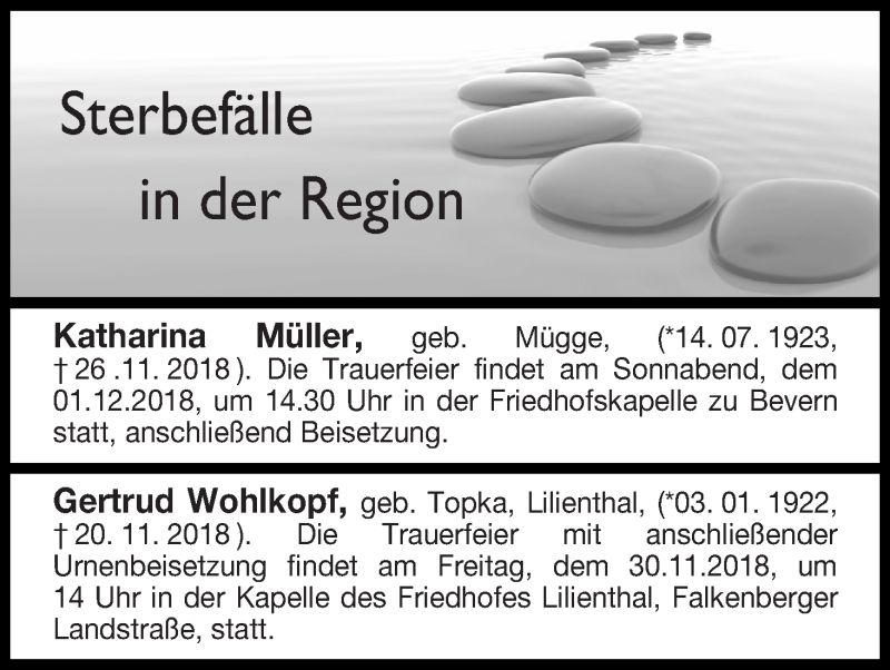 Traueranzeige von Sterbefälle in der Region Ausgabe 29.11.2018 von Osterholzer Kreisblatt