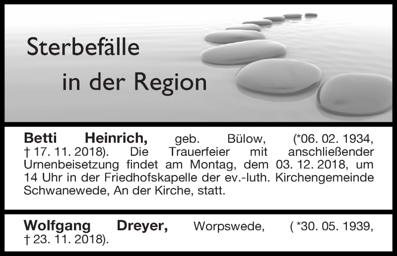 Traueranzeige von Sterbefälle in der Region Ausgabe 30.11.2018 von Osterholzer Kreisblatt