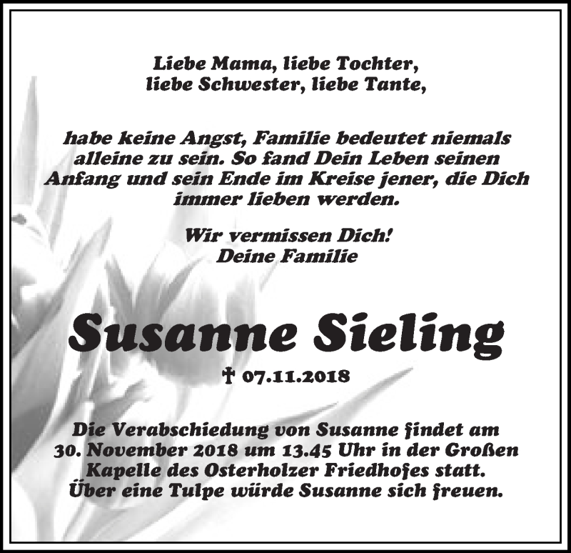  Traueranzeige für Susanne Sieling vom 17.11.2018 aus WESER-KURIER