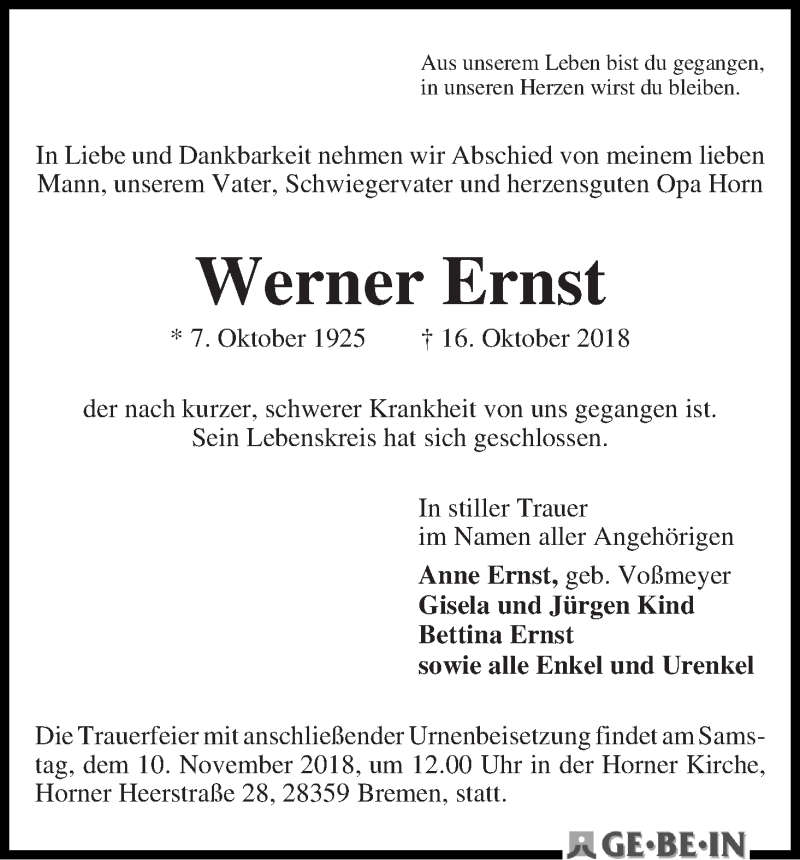  Traueranzeige für Werner Ernst vom 03.11.2018 aus WESER-KURIER
