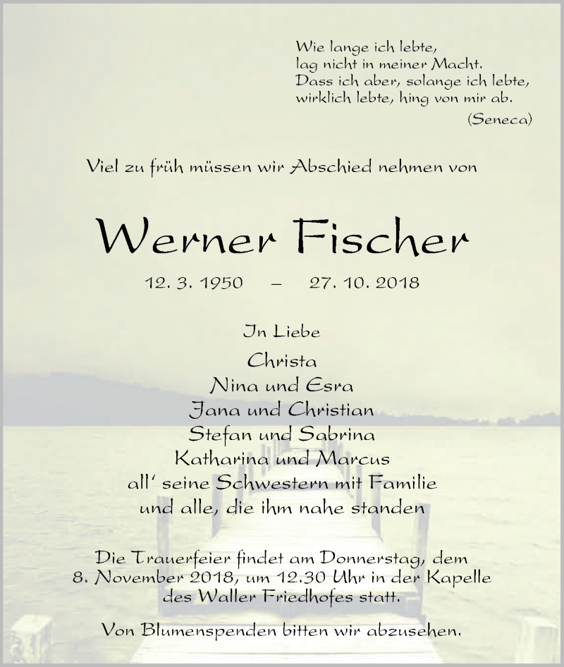  Traueranzeige für Werner Fischer vom 03.11.2018 aus WESER-KURIER