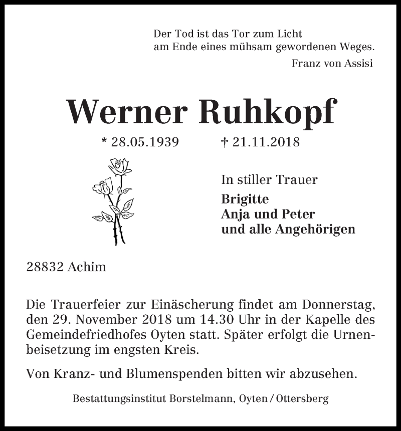 Traueranzeige von Werner Ruhkopf von WESER-KURIER