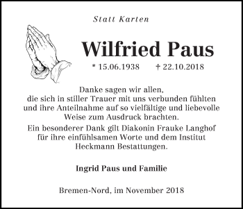 Traueranzeige von Wilfried Paus