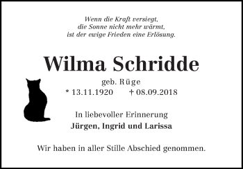 Traueranzeige von Wilma Schridde