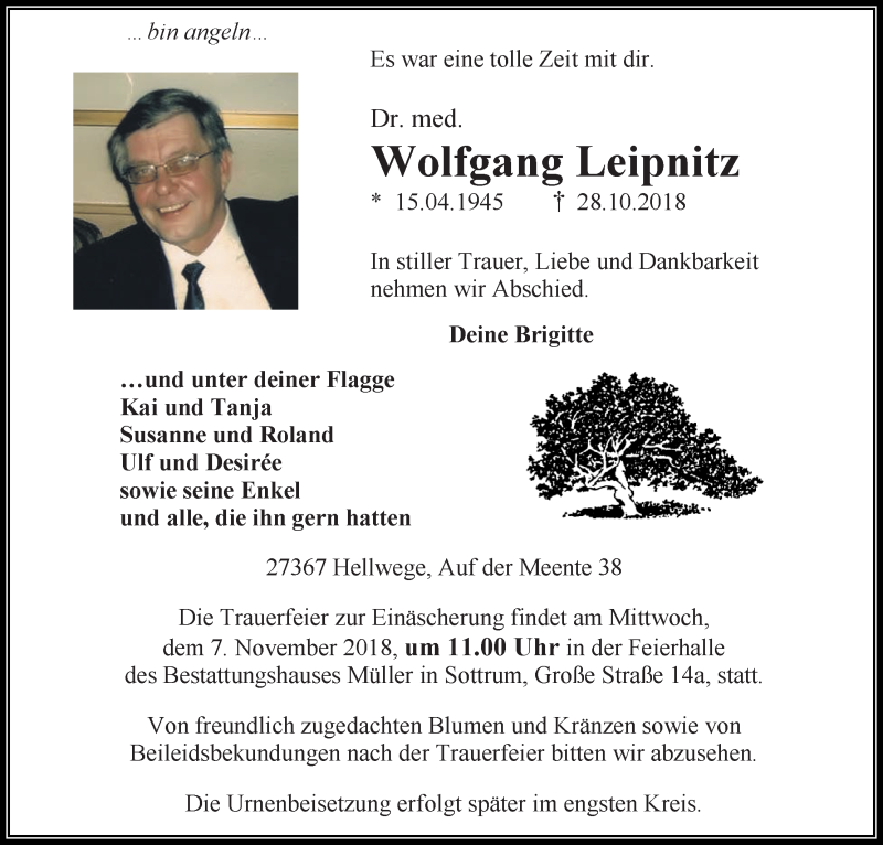  Traueranzeige für Wolfgang Leipnitz vom 03.11.2018 aus WESER-KURIER