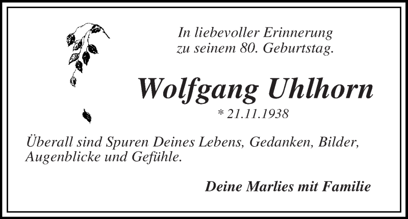  Traueranzeige für Wolfgang Uhlhorn vom 21.11.2018 aus Die Norddeutsche