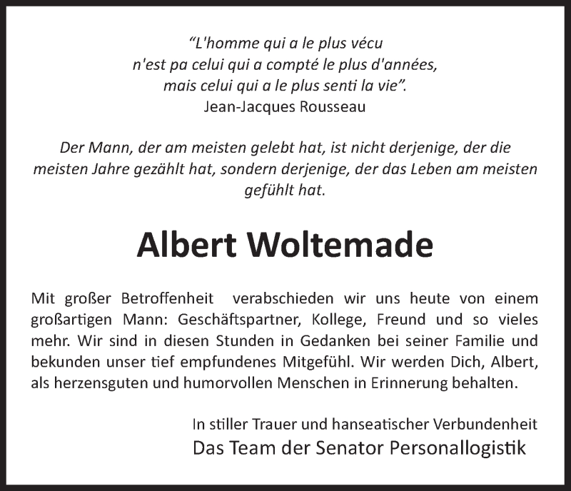 Traueranzeige für Albert Woltemade vom 12.12.2018 aus WESER-KURIER