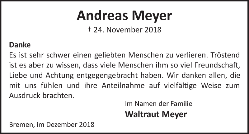  Traueranzeige für Andreas Meyer vom 22.12.2018 aus WESER-KURIER