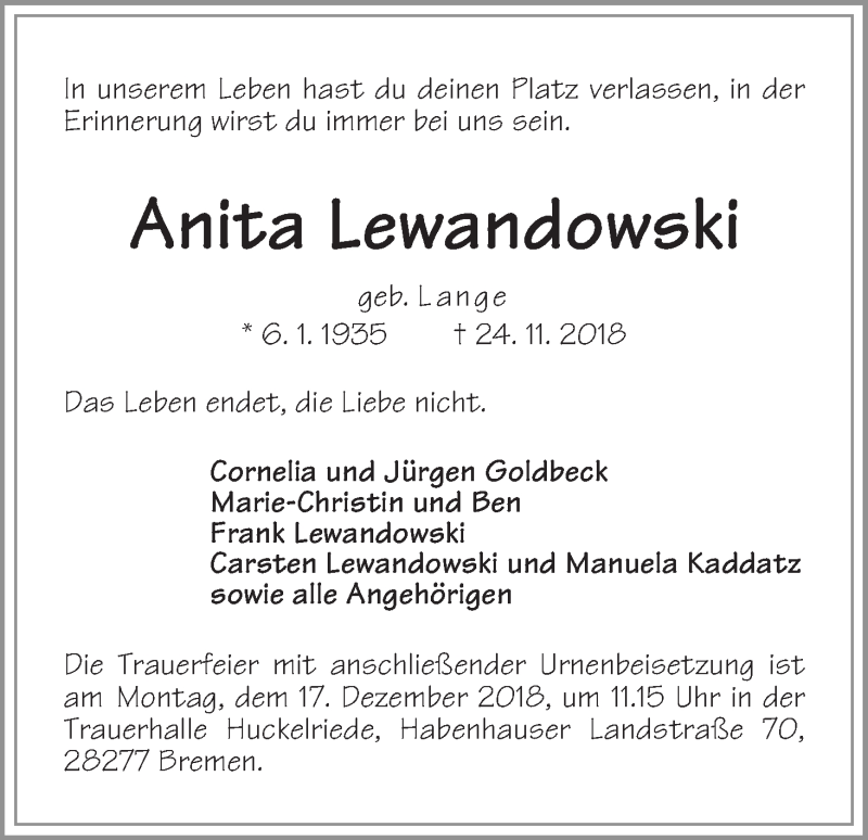  Traueranzeige für Anita Lewandowski vom 01.12.2018 aus WESER-KURIER